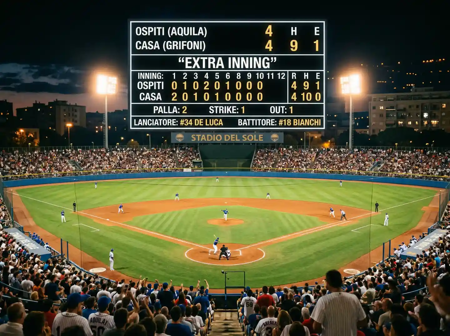Tabellone segnapunti di uno stadio di baseball che mostra inning supplementari