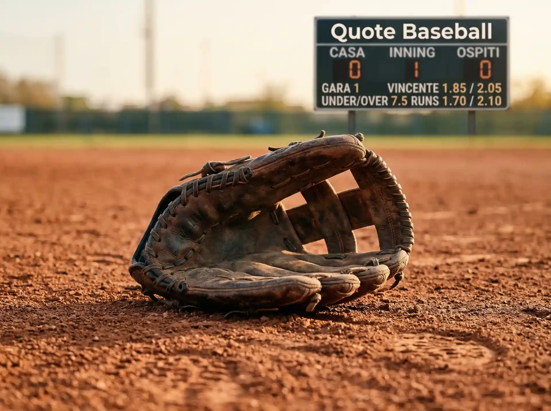 Guanto da baseball su campo in terra rossa con tabellone quote moneyline sullo sfondo