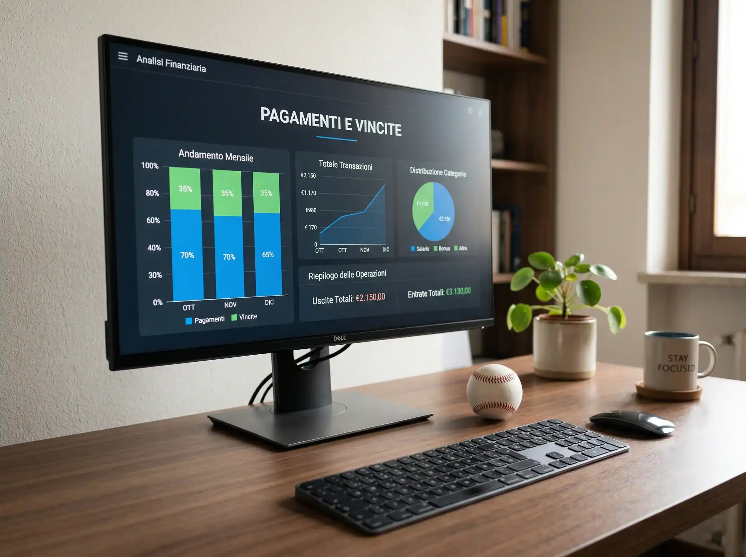 Monitor con grafici percentuali e palla da baseball su una scrivania