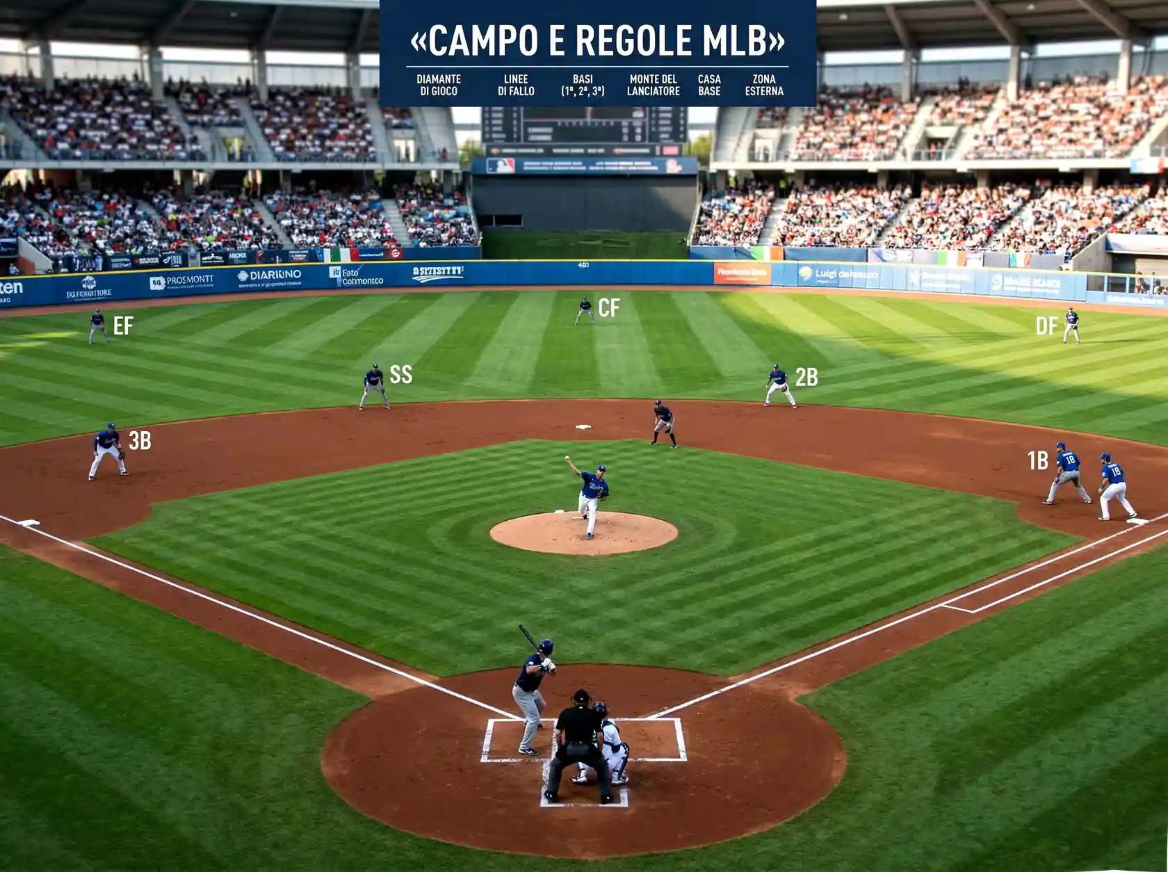 Struttura del diamante di baseball con le quattro basi e le posizioni dei giocatori sul campo MLB