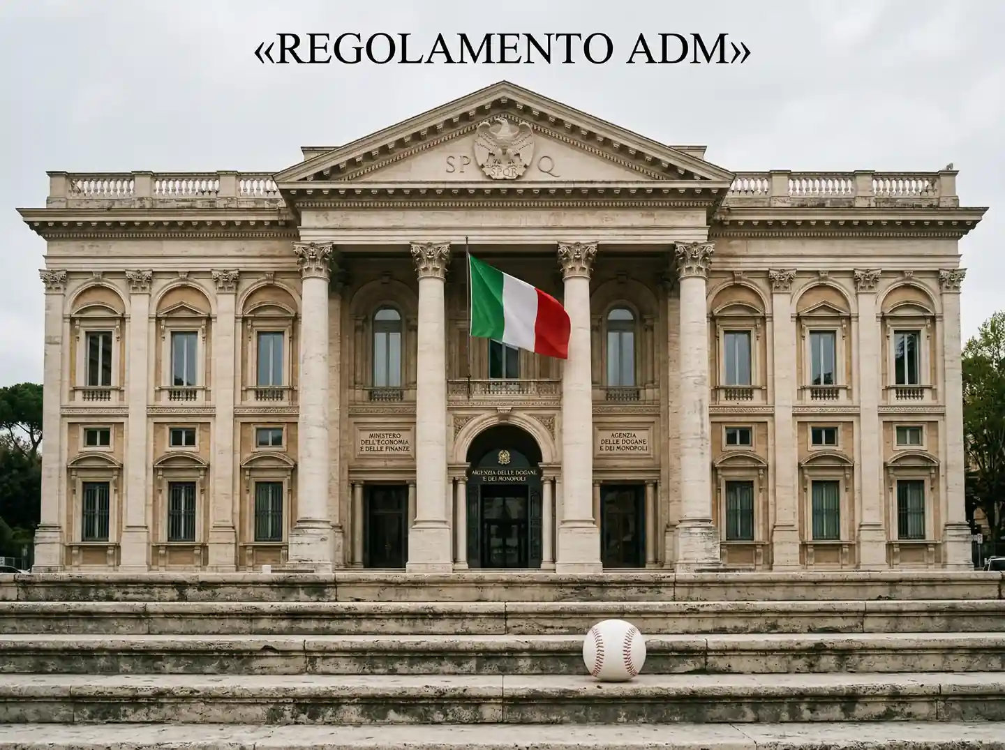 Edificio istituzionale italiano con bandiera tricolore e palla da baseball in primo piano